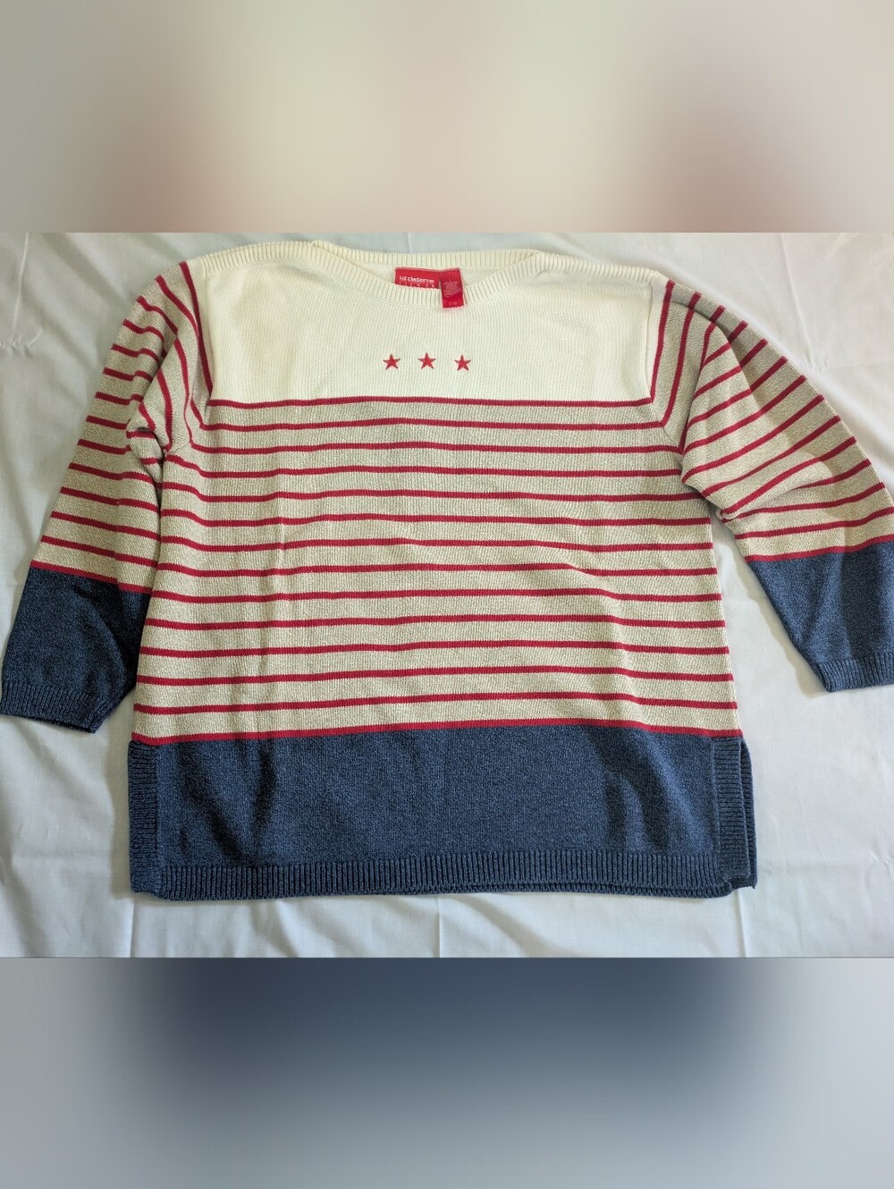 Stars Striped Cotton Sweater Size L Red Cream and Blue 3/4 Sleeves